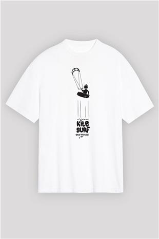Uçurtma Kayağı Baskılı Unisex Beyaz Oversize Tişört - Tshirt