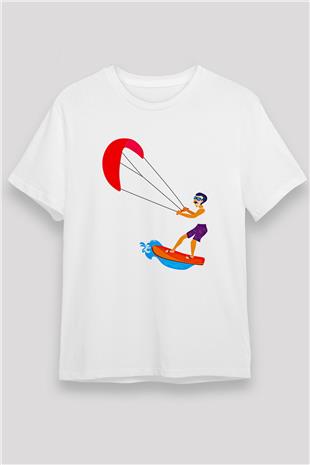 Uçurtma Kayağı Baskılı Unisex Beyaz Tişört - Tshirt
