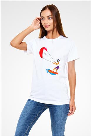 Uçurtma Kayağı Baskılı Unisex Beyaz Tişört - Tshirt