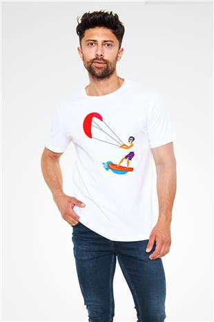 Uçurtma Kayağı Baskılı Unisex Beyaz Tişört - Tshirt