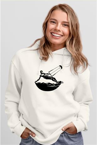 Uçurtma Kayağı Baskılı Unisex Ekru Hoodie