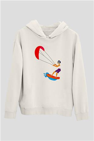 Uçurtma Kayağı Baskılı Unisex Ekru Hoodie