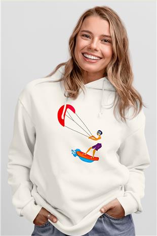 Uçurtma Kayağı Baskılı Unisex Ekru Hoodie