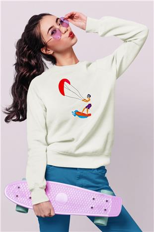 Uçurtma Kayağı Baskılı Unisex Ekru Sweatshirt