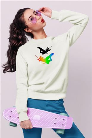 Uçurtma Kayağı Baskılı Unisex Ekru Sweatshirt