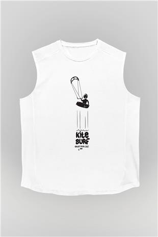 Uçurtma Kayağı Baskılı Unisex Kolsuz Beyaz Tişört