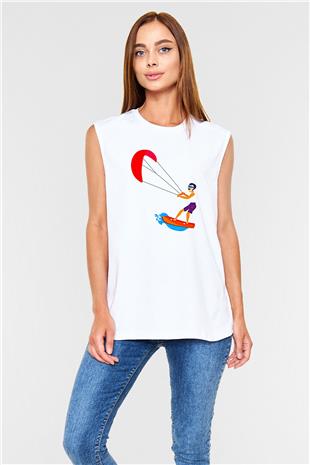 Uçurtma Kayağı Baskılı Unisex Kolsuz Beyaz Tişört