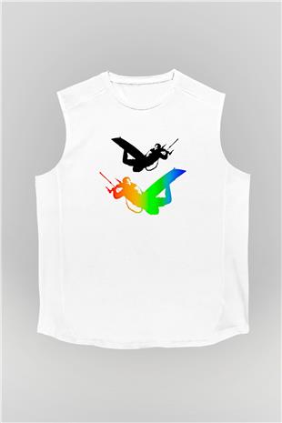 Uçurtma Kayağı Baskılı Unisex Kolsuz Beyaz Tişört