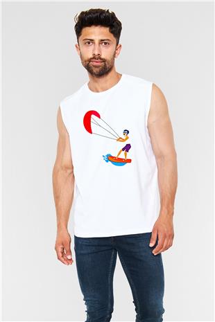 Uçurtma Kayağı Baskılı Unisex Kolsuz Beyaz Tişört