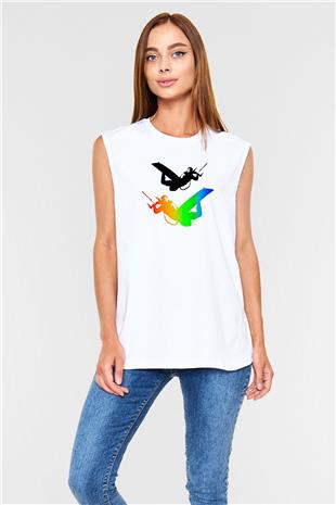 Uçurtma Kayağı Baskılı Unisex Kolsuz Beyaz Tişört