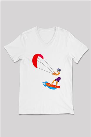 Uçurtma Kayağı Baskılı Unisex V Yaka Tişört - Tshirt
