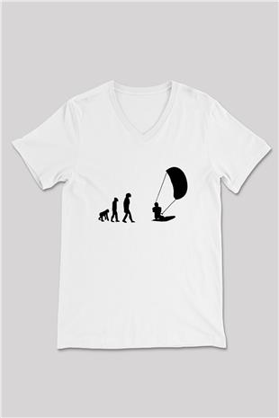 Uçurtma Kayağı Baskılı Unisex V Yaka Tişört - Tshirt