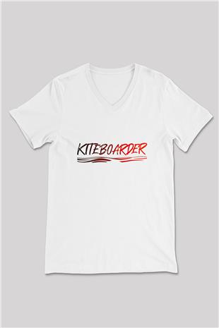 Uçurtma Kayağı Baskılı Unisex V Yaka Tişört - Tshirt
