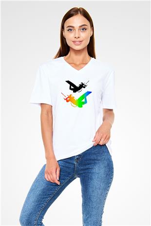 Uçurtma Kayağı Baskılı Unisex V Yaka Tişört - Tshirt