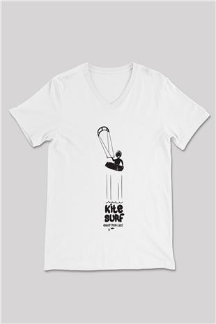 Uçurtma Kayağı Baskılı Unisex V Yaka Tişört - Tshirt