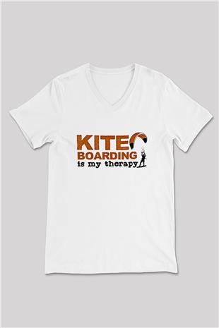 Uçurtma Kayağı Baskılı Unisex V Yaka Tişört - Tshirt
