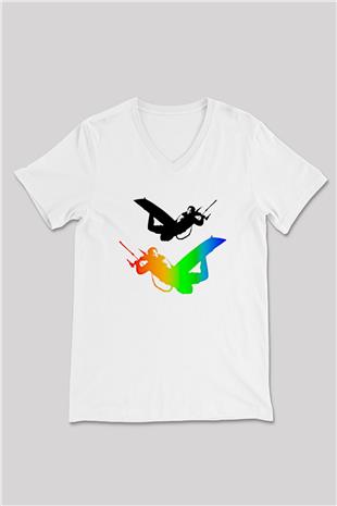 Uçurtma Kayağı Baskılı Unisex V Yaka Tişört - Tshirt