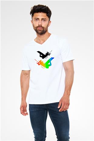 Uçurtma Kayağı Baskılı Unisex V Yaka Tişört - Tshirt