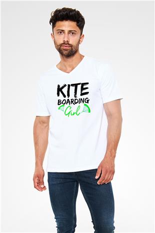 Uçurtma Kayağı Baskılı Unisex V Yaka Tişört - Tshirt