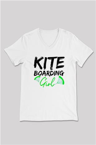 Uçurtma Kayağı Baskılı Unisex V Yaka Tişört - Tshirt