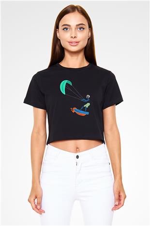 Uçurtma Kayağı - Kite Board Baskılı Crop Top Siyah Kadın Tişört - Tshirt