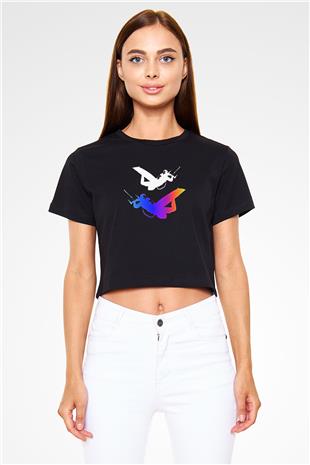Uçurtma Kayağı - Kite Board Baskılı Crop Top Siyah Kadın Tişört - Tshirt