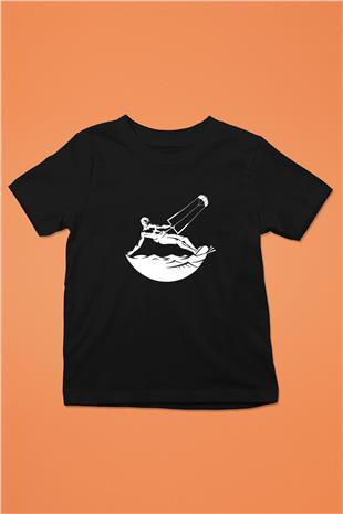 Uçurtma Kayağı - Kite Board Baskılı Unisex Siyah Çocuk Tİşörtü - Tshirt