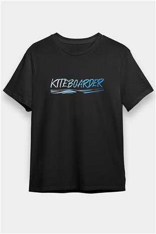 Uçurtma Kayağı - Kite Board Baskılı Unisex Siyah Tişört - Tshirt