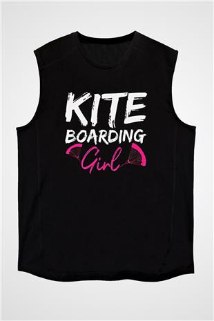 Uçurtma Kayağı - Kite Board Baskılı Unisex Siyah Kolsuz Tişört