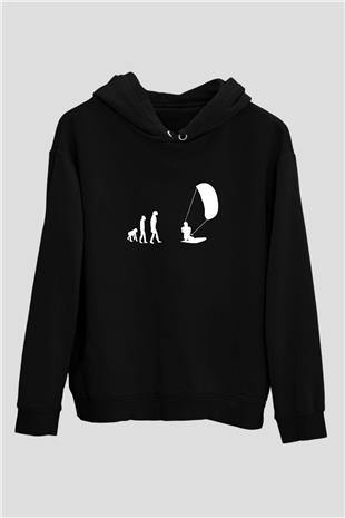 Uçurtma Kayağı - Kite Board Baskılı Unisex Siyah Kapüşonlu Sweatshirt