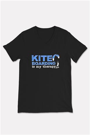 Uçurtma Kayağı - Kite Board Baskılı Unisex Siyah V Yaka Tişört