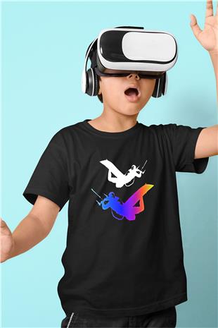 Uçurtma Kayağı - Kite Board Baskılı Unisex Siyah Çocuk Tİşörtü - Tshirt