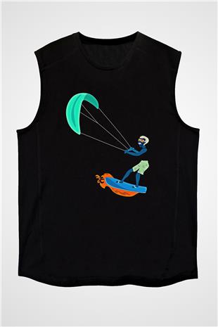 Uçurtma Kayağı - Kite Board Baskılı Unisex Siyah Kolsuz Tişört