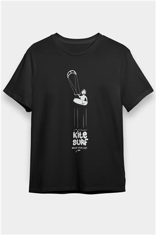 Uçurtma Kayağı - Kite Board Baskılı Unisex Siyah Tişört - Tshirt