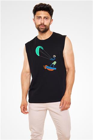 Uçurtma Kayağı - Kite Board Baskılı Unisex Siyah Kolsuz Tişört