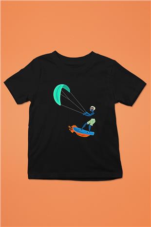Uçurtma Kayağı - Kite Board Baskılı Unisex Siyah Çocuk Tİşörtü - Tshirt