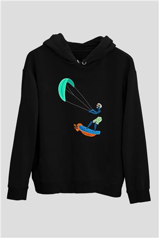 Uçurtma Kayağı - Kite Board Baskılı Unisex Siyah Kapüşonlu Sweatshirt