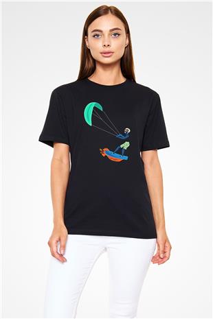 Uçurtma Kayağı - Kite Board Baskılı Unisex Siyah Tişört - Tshirt