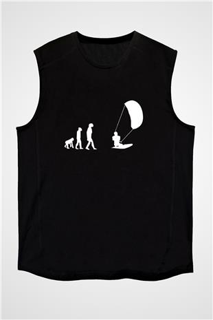 Uçurtma Kayağı - Kite Board Baskılı Unisex Siyah Kolsuz Tişört