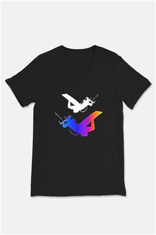 Uçurtma Kayağı - Kite Board Baskılı Unisex Siyah V Yaka Tişört