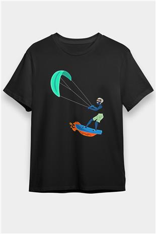 Uçurtma Kayağı - Kite Board Baskılı Unisex Siyah Tişört - Tshirt