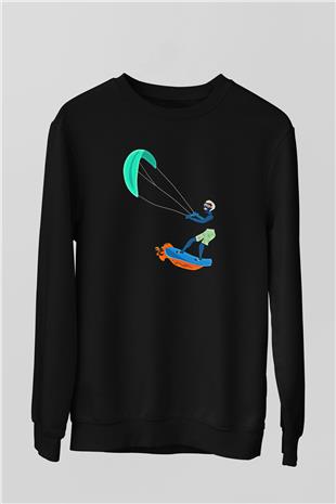 Uçurtma Kayağı - Kite Board Baskılı Unisex Siyah Sweatshirt