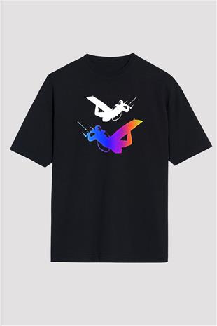 Uçurtma Kayağı - Kite Board Baskılı Unisex Siyah Oversize Tişört