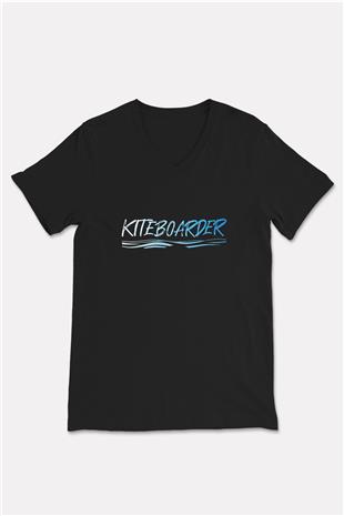 Uçurtma Kayağı - Kite Board Baskılı Unisex Siyah V Yaka Tişört