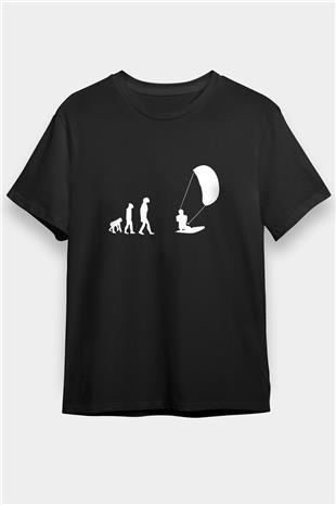 Uçurtma Kayağı - Kite Board Baskılı Unisex Siyah Tişört - Tshirt