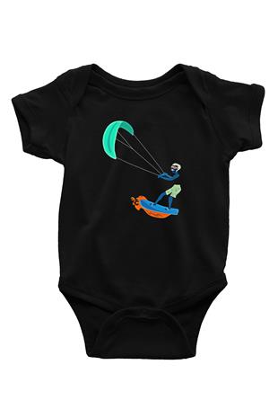 Uçurtma Kayağı - Kite Board Baskılı Unisex Siyah Bebek Body - Zıbın