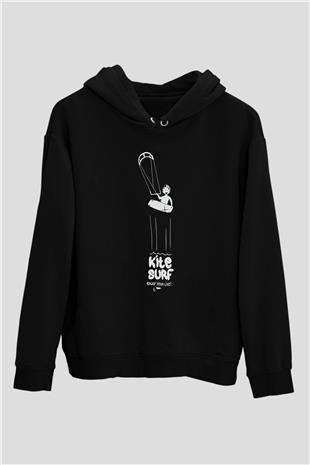 Uçurtma Kayağı - Kite Board Baskılı Unisex Siyah Kapüşonlu Sweatshirt