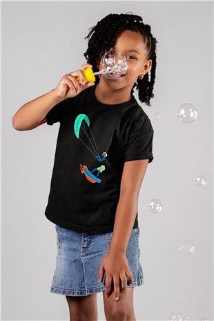 Uçurtma Kayağı - Kite Board Baskılı Unisex Siyah Çocuk Tİşörtü - Tshirt