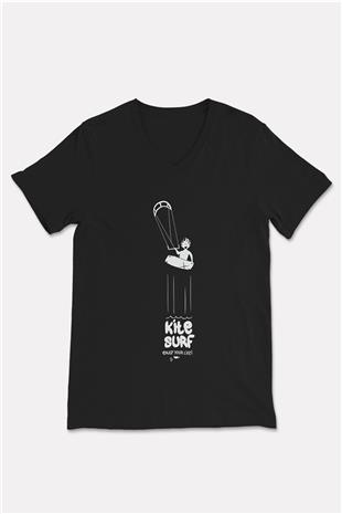Uçurtma Kayağı - Kite Board Baskılı Unisex Siyah V Yaka Tişört