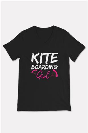 Uçurtma Kayağı - Kite Board Baskılı Unisex Siyah V Yaka Tişört